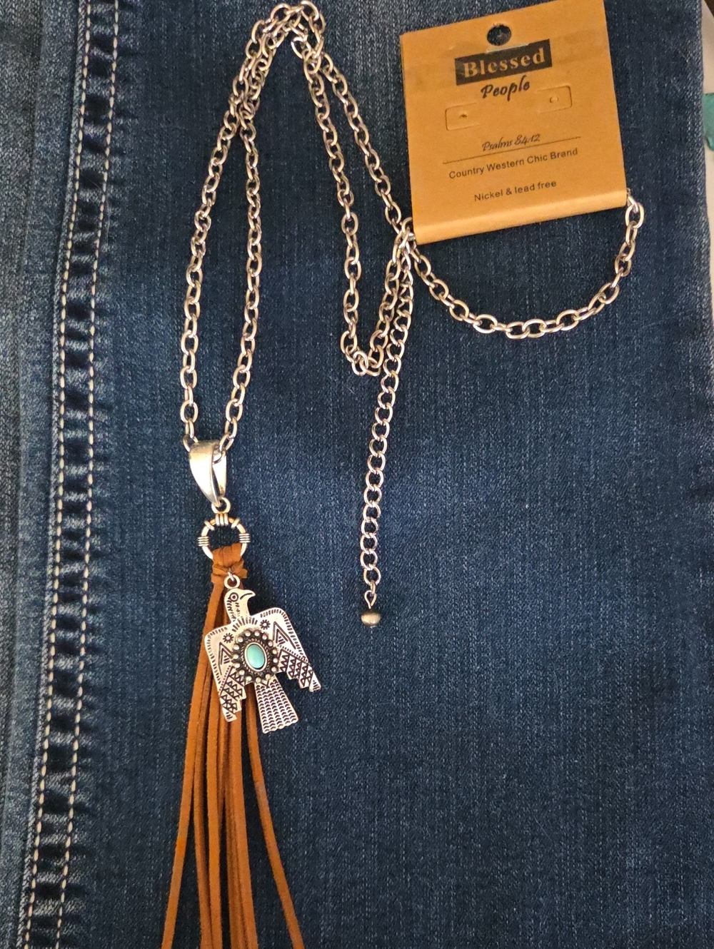 Silver Thunderbird Pendant Necklace with Tan Suede Tassel